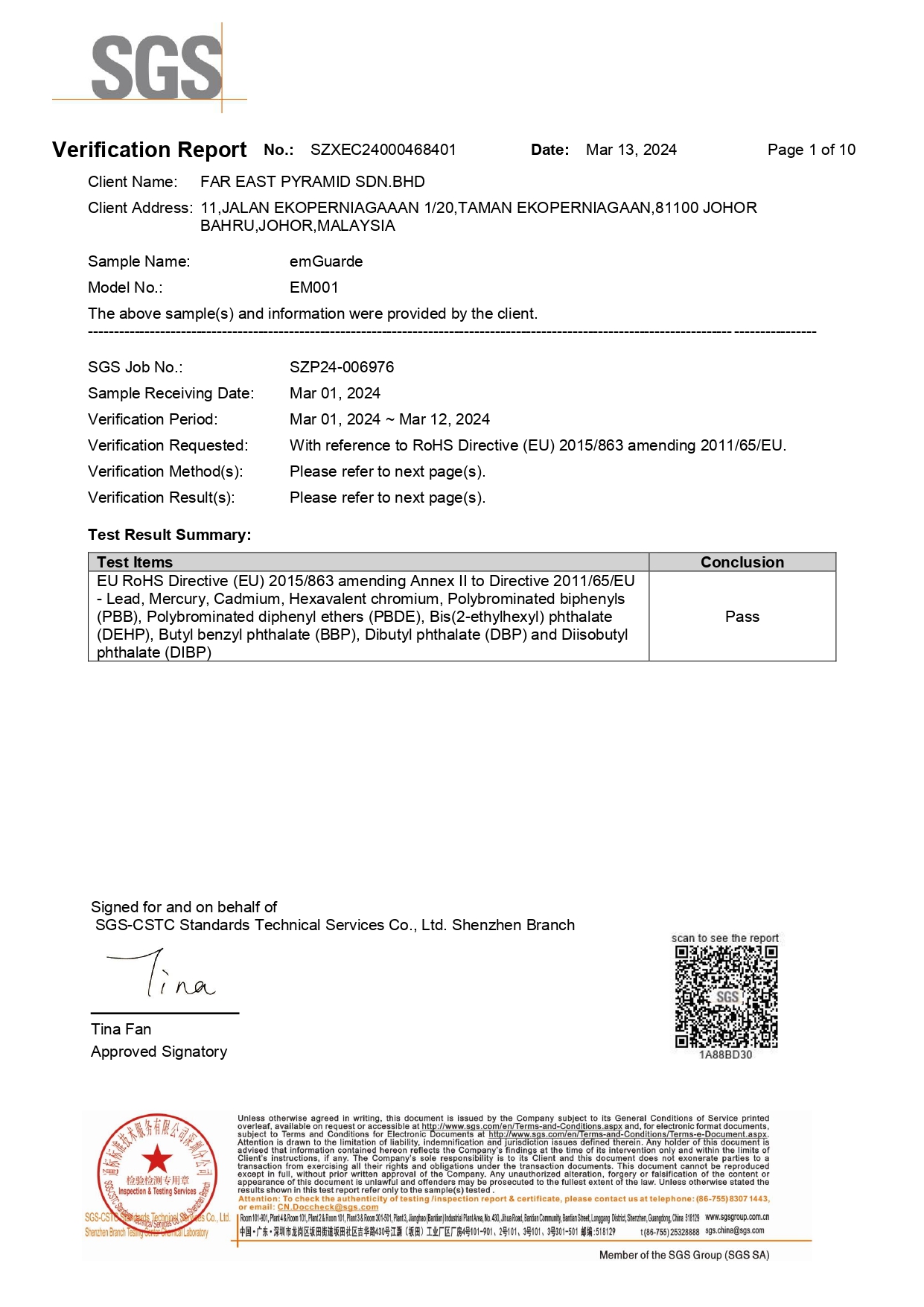 SGS Certified RoHS Compliance